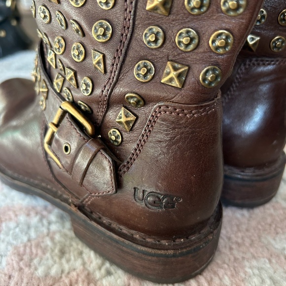 UGG Brown Leather Studded Motorcycle Boots - Picture 8 of 9